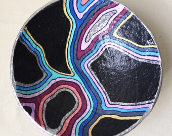 Silver paper mache bowl with a colorful abstract line design. Decorative recycled papier home decor. Handmade papmache Housewarming gift.