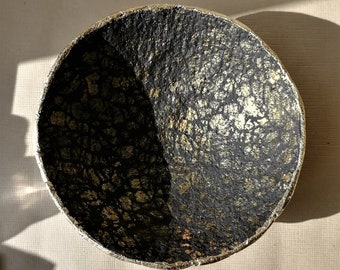 Paper mache bowl with gold pattern and gold rim. Unique paper pulp jewelry plate. Anniversary gift. Recycled paper plate.