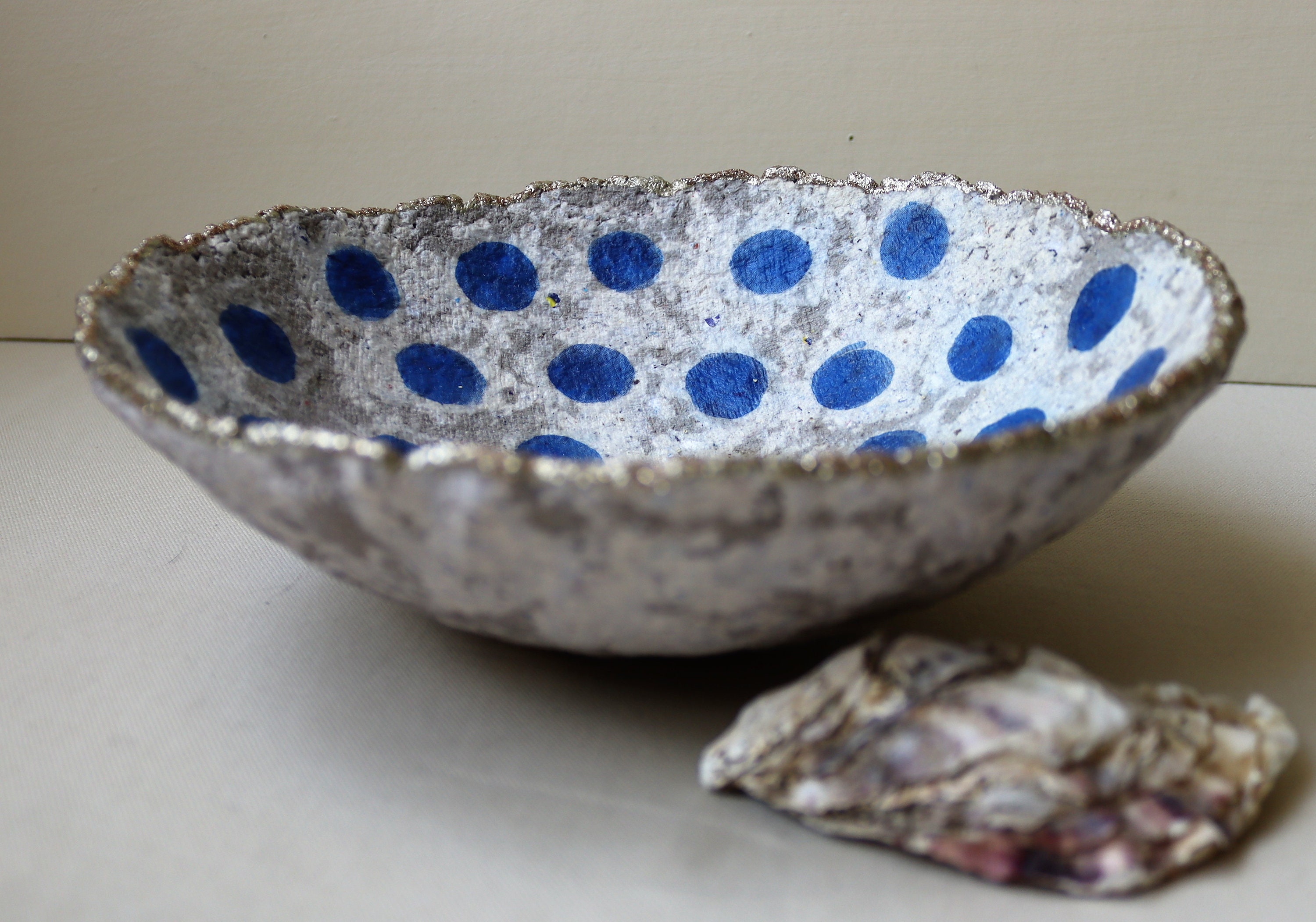 Large Traditional Paper Mache Bowl With Blue Residue