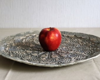 Large Paper mache plate with ethnic ornament. Gray pearl recycled paper artwork. Papier pulp tray.