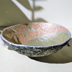 Silver paper mache bowl with pink quartz and rutilated quartz handles. Unique paper pulp jewelry plate. Recycled paper gift for mom. Moon.