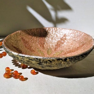 Decorative paper mache bowl in golden shades with carnelian pearl handles. Unique paper pulp jewelry bowl. Recycled paper artwork. Sun plate