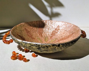 Decorative warm golden paper mache bowl with carnelian pearl handles. Unique paper pulp jewelry bowl. Recycled paper artwork. Sun plate.