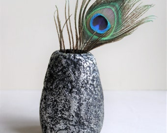 Decorative antique silver papier mache vase for dried or artificial flowers. Small, recycled paper pulp pot.