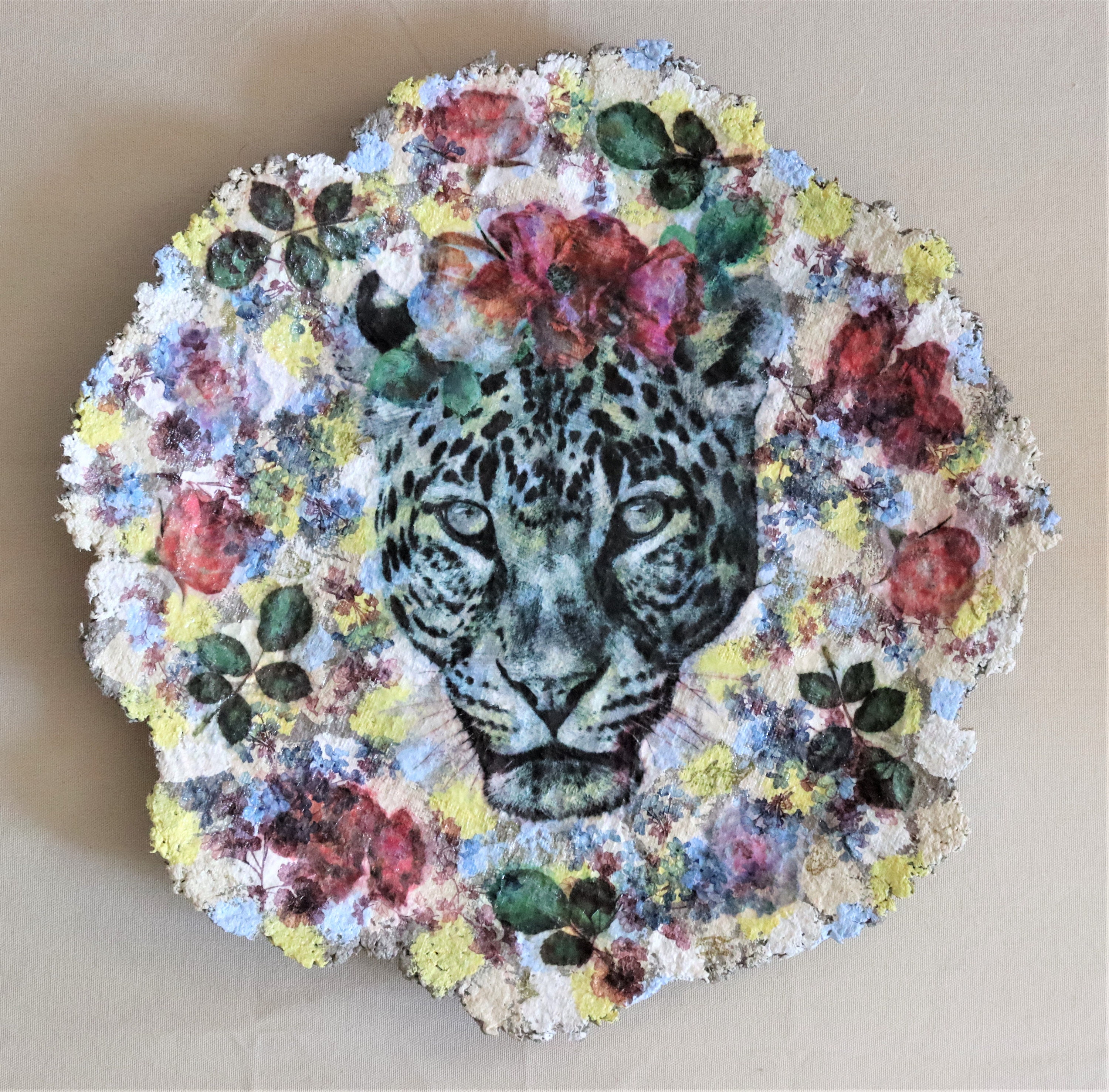 Leopard & Roses Decoupage Plate: Recycled Paper Mache Decorative Bowl