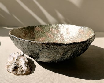 Decorative Paper mache bowl with antique silver glitter. Home decor for sophisticated interior. Recycled paper artwork Paper pulp decoration