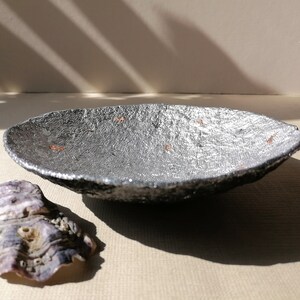 Unique silver recycled paper bowl with a gold spots. Decorative paper mache plate for a sophisticated interior. A small jewelry bowl. image 1