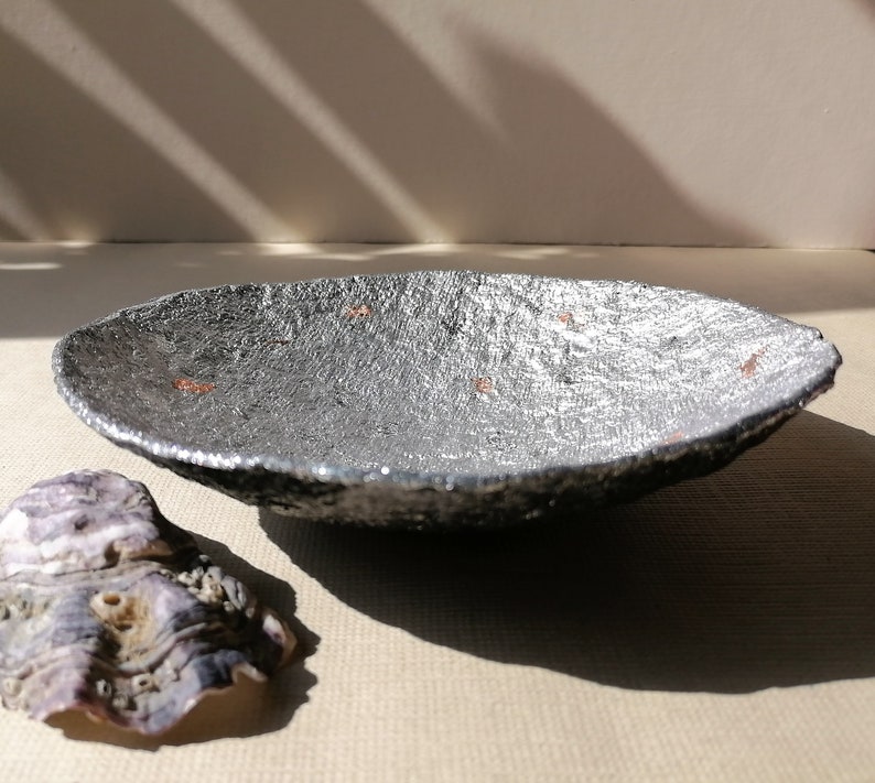 Unique silver recycled paper bowl with a gold spots. Decorative paper mache plate for a sophisticated interior. A small jewelry bowl. image 1