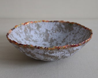 Unpainted mottled paper mache bowl with uneven bronze rim. Recycled papier vessel. Housewarming gift.