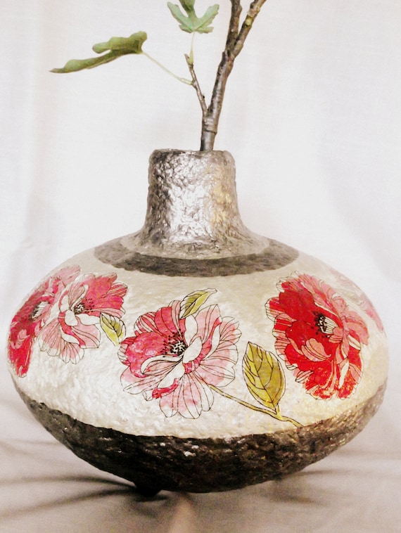 Large handpainted paper mache vase with flower decoupage for Etsy