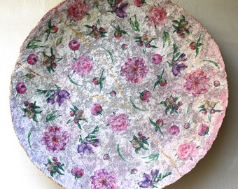 Large floral paper mache plate with peonies and roses decoupage. Decorative recycled papier bowl with pink flower. Unique house warming gift