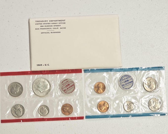 1969 Uncirculated United States Mint Set In Original Government Packaging Philadelphia and Denver Mint Coins