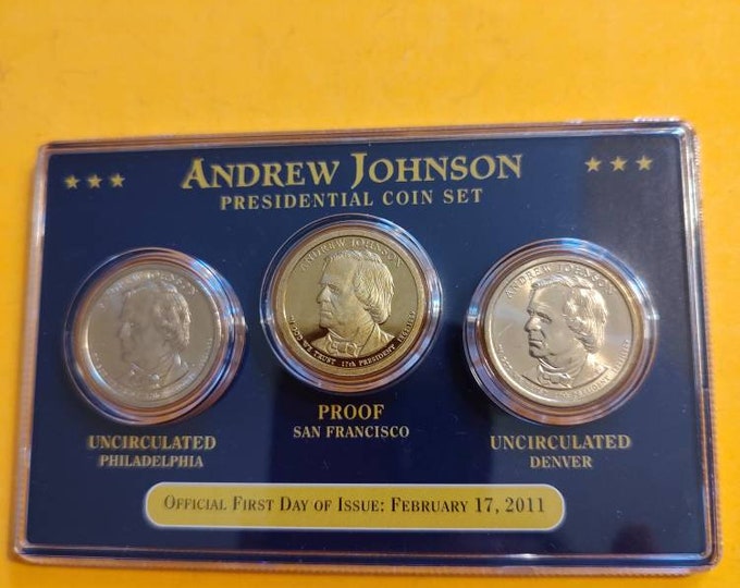 Andrew Johnson 3 coin dollar set first day of issue proof and Philadelphia and Denver 2011