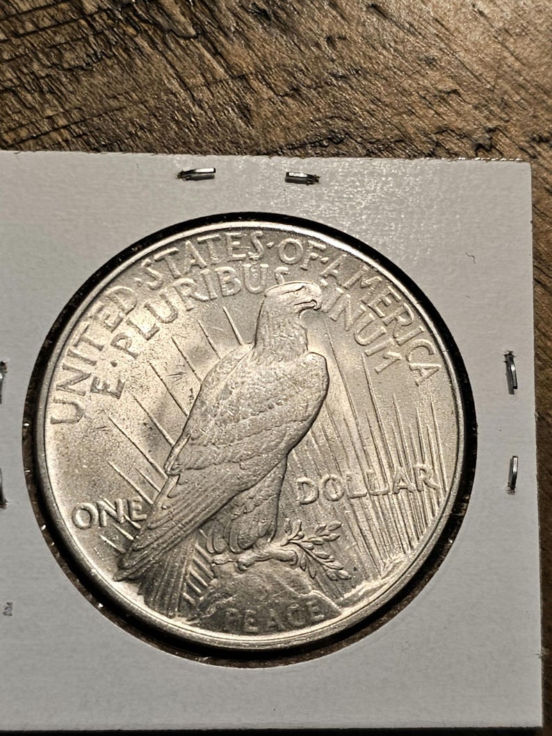 May include: A silver Peace Dollar coin with the inscription "United States of America E Pluribus Unum" and "One Dollar" on the front. The coin features a bald eagle with outstretched wings, perched on a branch with olive leaves.