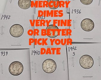 Winged Liberty Head Mercury Silver Dimes 1934-1945 Very Fine or Better