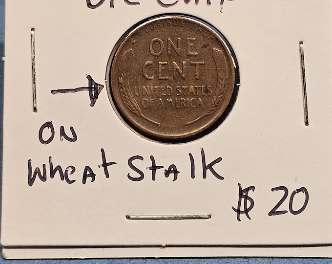 1930 D Wheat Cent Error Die Chip On Wheat Stalk.