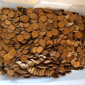 May include: A large plastic container filled with a collection of copper-colored US pennies.