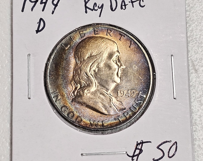 1949 D Silver Benjamin Franklin Half Dollar Toned as pictured
