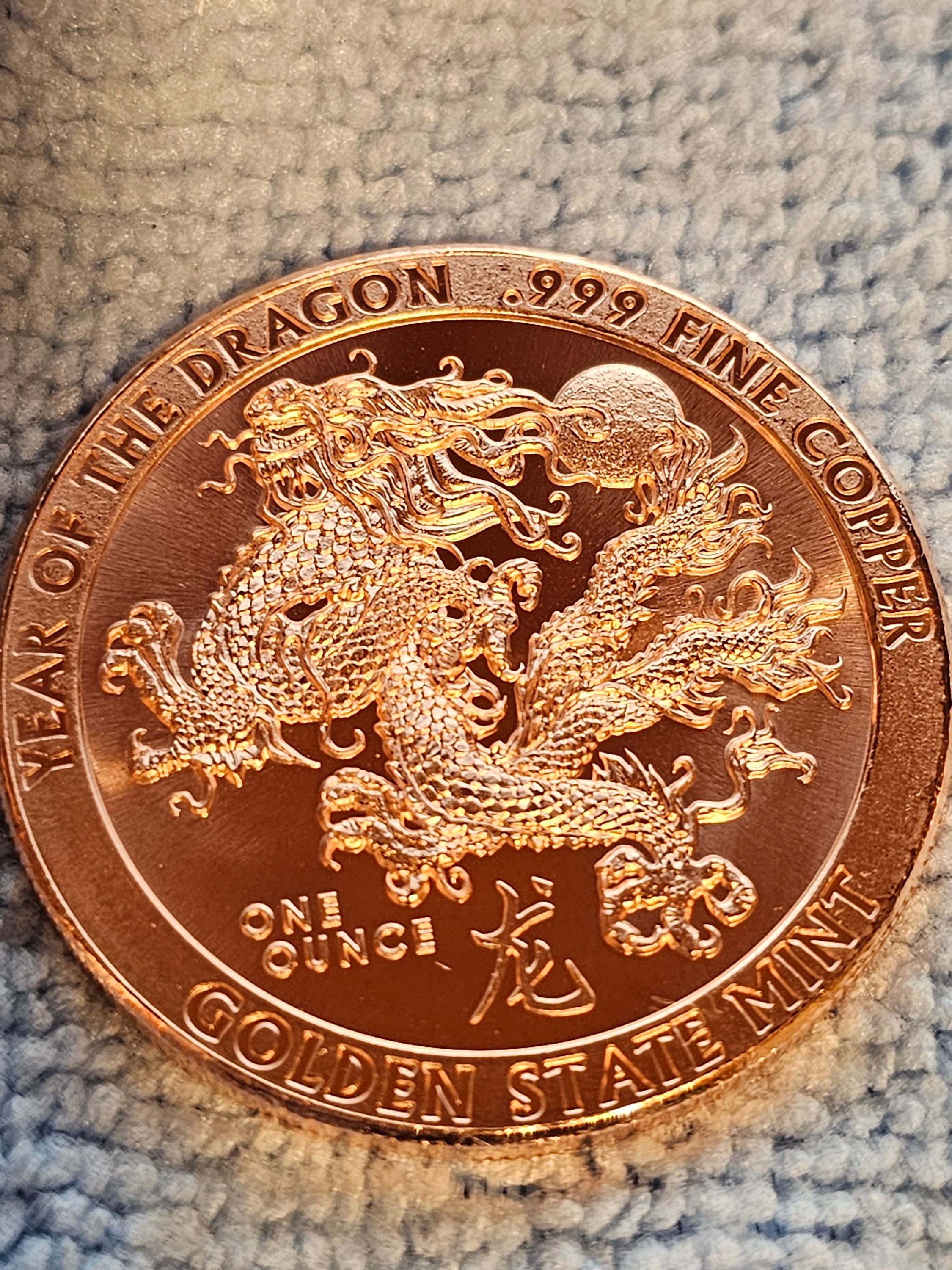 Year of the Dragon 1 Oz Copper Round .999 Fine Copper Art Bullion