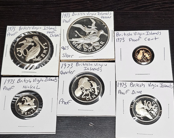 1973 British Virgin Islands Birds 6 coin proof collection the dollar is 925 silverProof the other 5 are clad proofs