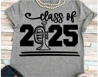 Senior SVG DXF JPEG Silhouette camée Cricut promotion 2025 fanfare trompette concours groupe chemises correspondant à la mi-temps signe 25 maman