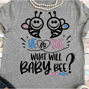 Bebé SVG DXF JPEG Silhouette Cameo Cricut Revelación de planchado rosa o azul ¿Qué será el bebé? Revelación de género SVG ducha Él o ella abeja SVG abejas