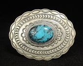 Navajo Sterling Silver Vivid Blue Turquoise with Black Matrix Stamped Concho Belt Buckle