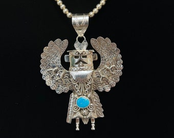 A. Mariano, Navajo, Unique Kachina Pendant with Turquoise in Sterling Silver