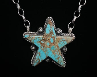 Donovan Skeets, Large Turquoise Star Necklace in Sterling Silver with Silver Rope Details and Conchos, 18 inch