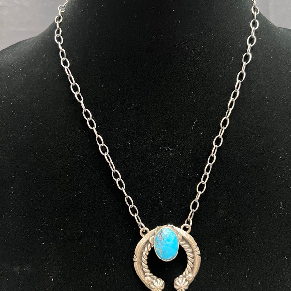 Patrick Yazzie, Navajo, Turquoise and Sterling Silver Naja Necklace with Silver Rope Details, 20 inches