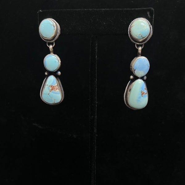 T, Navajo, Golden Hills Turquoise Drop Earrings in Sterling Silver with Brushed Finish