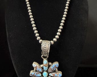 J, Navajo, Golden Hills Turquoise Flower Pendant in Sterling Silver with Brushed Finish