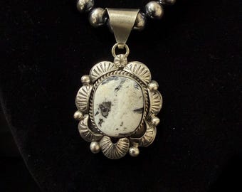 M, Navajo, White Buffalo Pendant in Sterling Silver with Brushed Finish