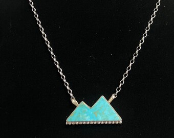 Augustine Largo, Navajo, Mountain Range Turquoise Necklace in Sterling Silver with Brushed Finish and Silver Ball Details, 18 inches