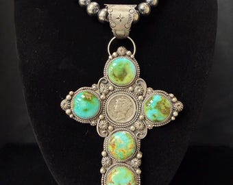 S P, Navajo, Sonoran Gold Turquoise and Mercury Dime Cross Pendant in Sterling Silver