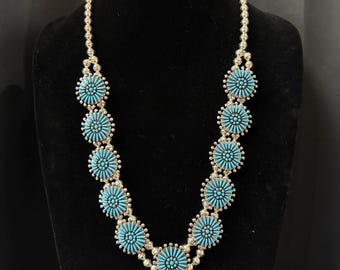 Sibert Bowannie Sr, Zuni, Turquoise Squash Blossom Necklace and Earrings Set in Sterling Silver