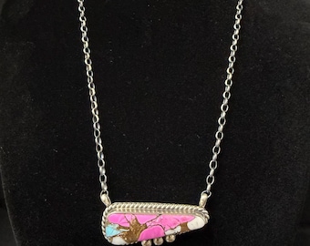 C Belone, Navajo, Cotton Candy Turquoise Bar Necklace in Sterling Silver with Brushed Finish, 16 inches