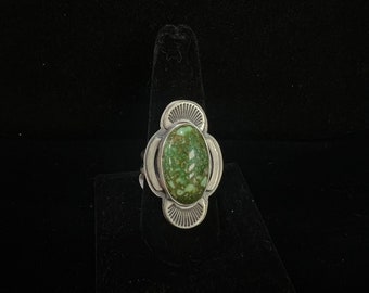 Zia, Navajo, Green Turquoise Ring in Sterling Silver with a Brushed Finish, Size 9 3/4