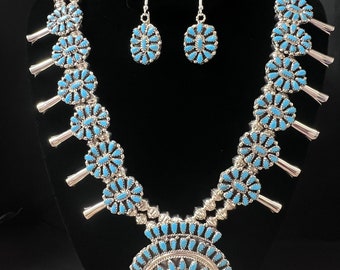 Milton James, Navajo, Turquoise Squash Blossom Necklace and Earring Set, 24 inches