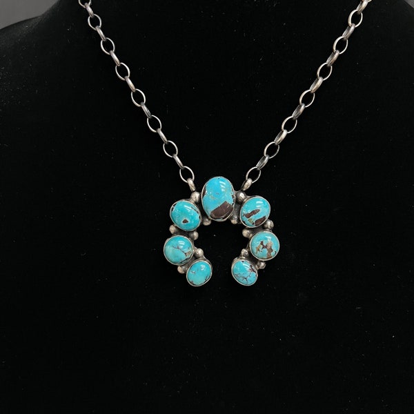 A L, Blue Turquoise Multi-Stone Naja Necklace in Sterling Silver with Silver Ball Details, 16 inches