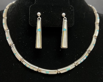 Calvin Begay, Navajo, Mother of Pearl and Turquoise Necklace and Earrings Set in Sterling Silver