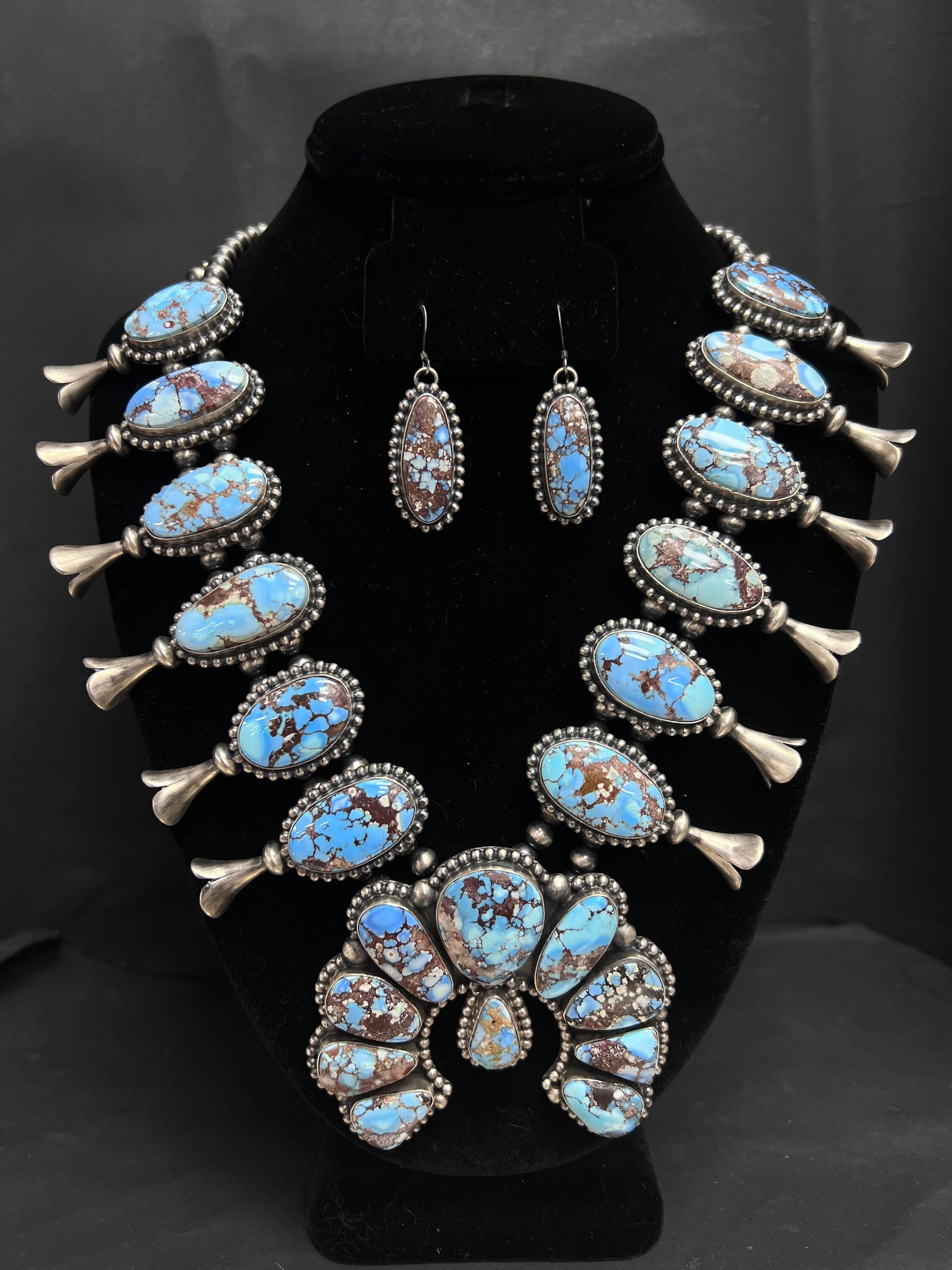 M. Spencer Navajo Golden Hills Turquoise Squash Blossom and Earrings Set in Sterling Silver with Brushed Finish