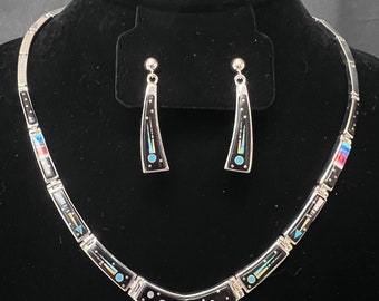 AT, TSF, Navajo, Night Sky Necklace and Earrings Set in Sterling Silver with Jet, Lab Opal, Picture Jasper, and Turquoise