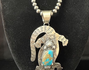 Chimney Butte, Navajo, Turquoise Lizard Pendant in Sterling Silver with Brushed Finish