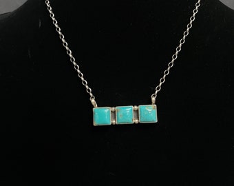 A M, Navajo, Three Square Turquoise Bar Necklace, 16 inch