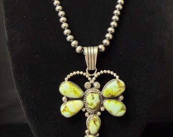 Charles Johnson, Navajo, Palomino Variscite Dragonfly Pendant in Sterling Silver with Brushed Finish