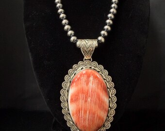 GP, Navajo, Large Red Spiney Oyster Shell Pendant in Sterling Silver