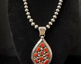 Navajo, Coral Multistone Pendant in Sterling Silver with Brushed Finish