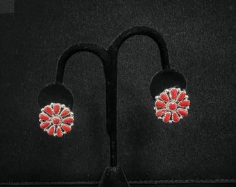 AJW, Zuni, Coral Cluster Stud Earrings in Sterling Silver