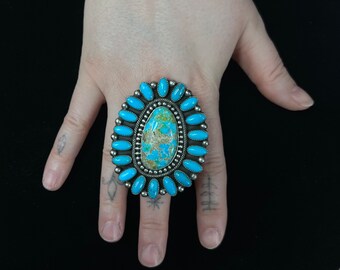 Hemerson Brown, Navajo, Large Cluster Statement Turquoise Ring in Sterling Silver, Adjustable Ring